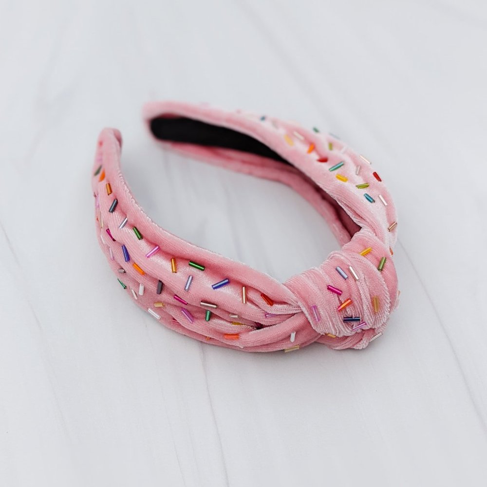Pink Velvet Knot Headband with Sprinkles Rainbow Confetti Beading - Picture 3 of 11